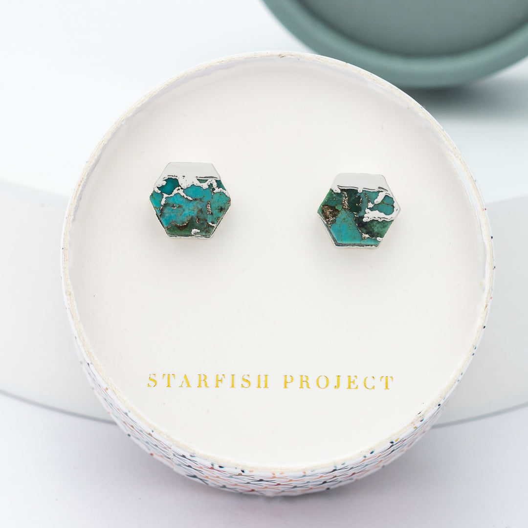 Pair of silver and turquoise studs in a Starfish Project gift box, Starfish Project, symbolism for hope, ocean jewellery, best Christmas gift ideas