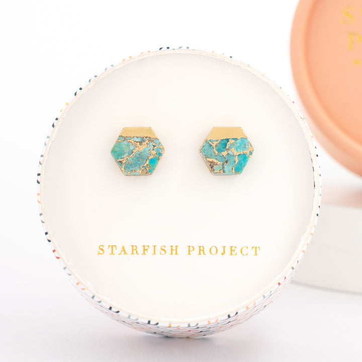 Pair of gold and turquoise studs in a Starfish Project gift box, Starfish Project, symbolism for hope, ocean jewellery, best Christmas gift ideas