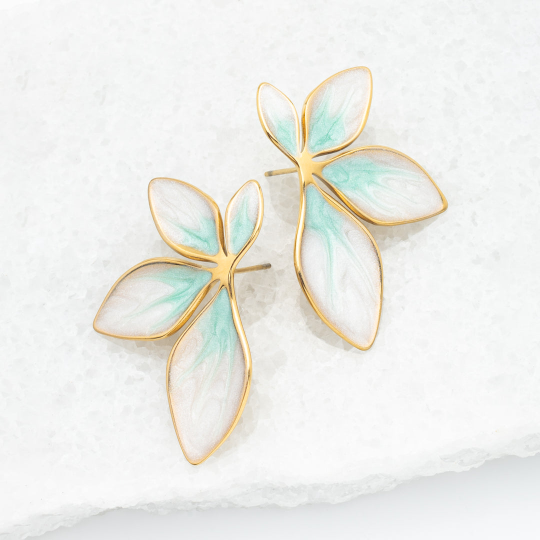 A pair of gold plated leaf shaped earrings, gold rimmed earrings, mint green earrings, women's earrings, surprises for Christmas