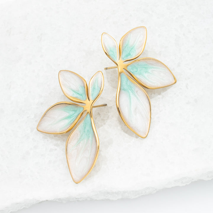 A pair of gold plated leaf shaped earrings, gold rimmed earrings, mint green earrings, women's earrings, surprises for Christmas