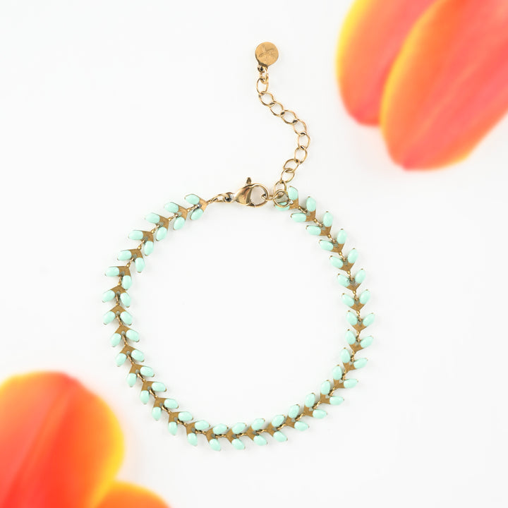 Gold and green bracelet, adjustable bracelet, adult jewellery, jewellery presents