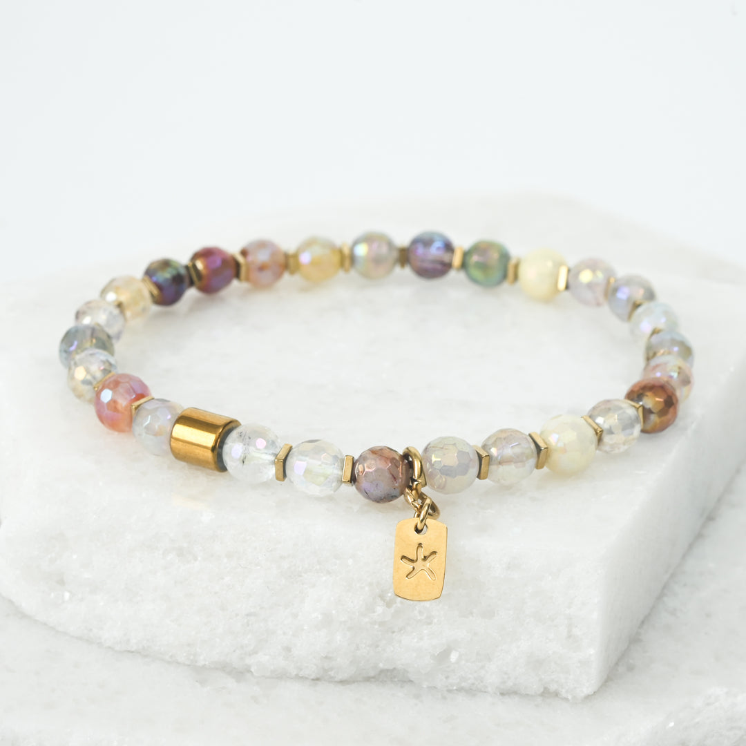 A gold plated multicoloured beaded bracelet with starfish charm, beaded bracelets for women, ocean jewellery, best gift ideas for women