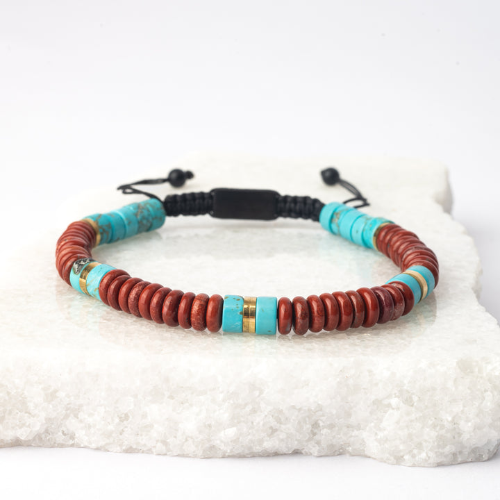 Men's turquoise and red jasper beaded rope bracelet, beaded bracelets for men, red and blue beaded bracelets, unique xmas gift ideas