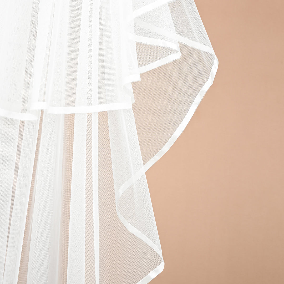 Treasured Two Tier Satin Ribbon Trim Fingertip Length Veil
