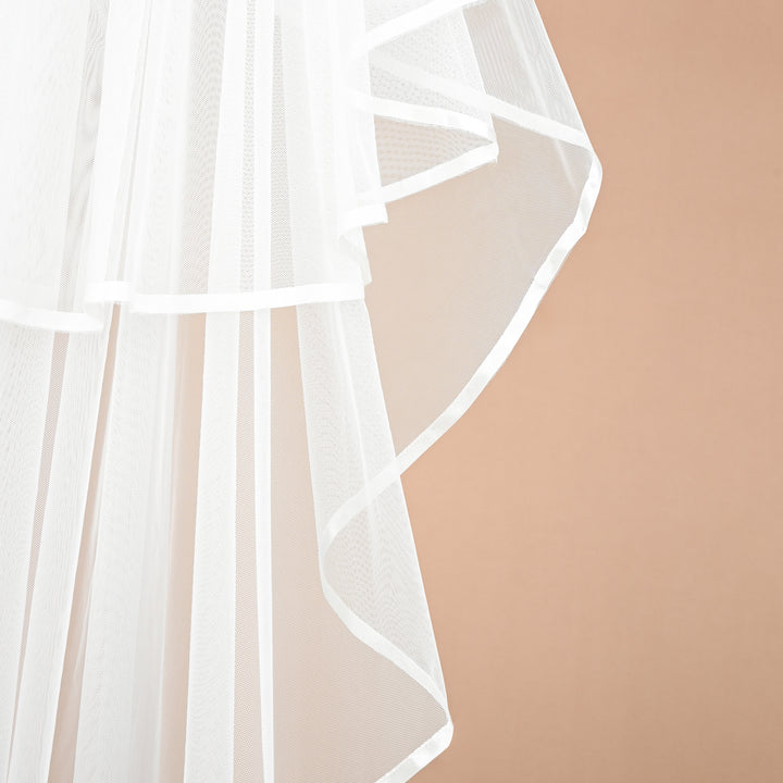 Treasured Two Tier Satin Ribbon Trim Fingertip Length Veil