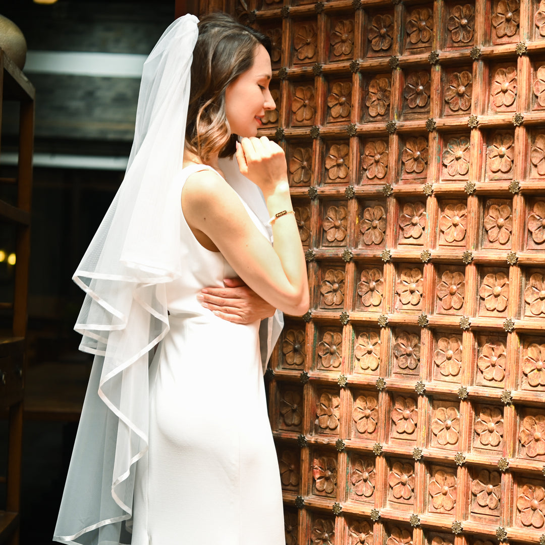 Treasured Two Tier Satin Ribbon Trim Fingertip Length Veil
