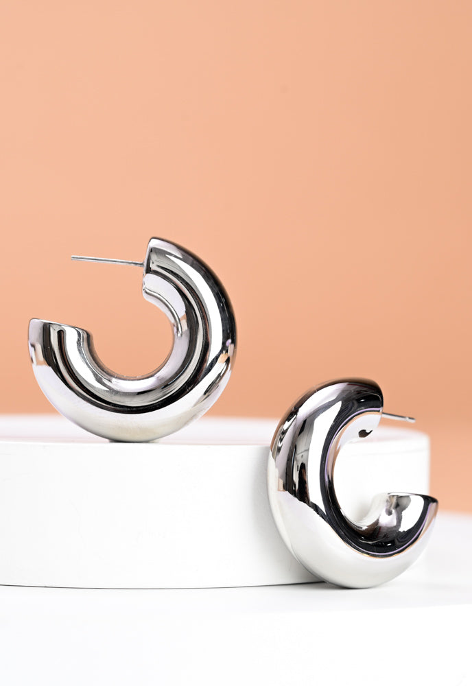 Bold & Bright Puff C Hoop Earrings in Silver