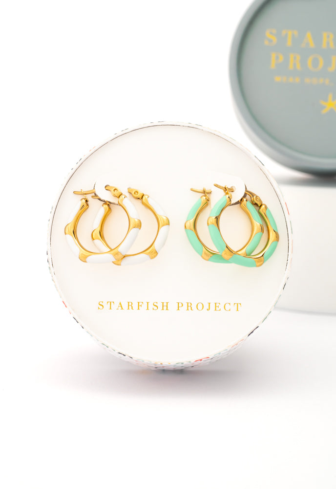 Mint + Ivory  Enamel Hoop Earring Set