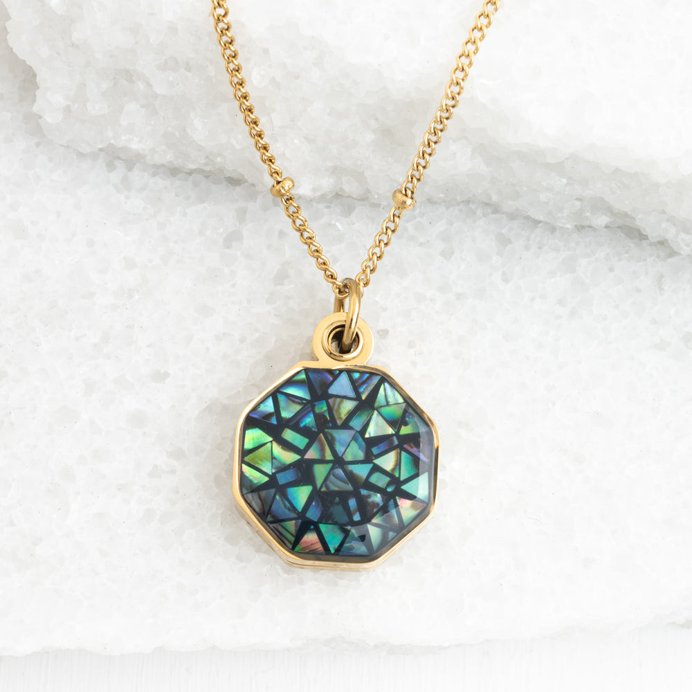 A gold plated octagon shaped necklace, mother of pearl necklace, abalone necklace, abalone jewellery, locket necklaces 