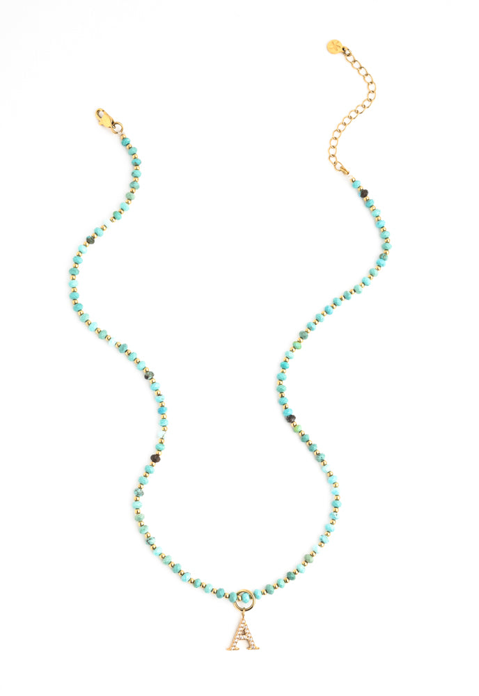 Initial Necklace A with Turquoise Beaded Chain