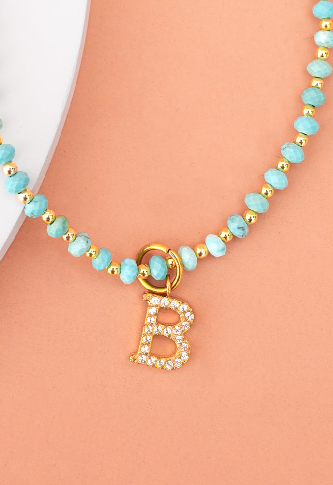 Initial Necklace B with Turquoise Beaded Chain