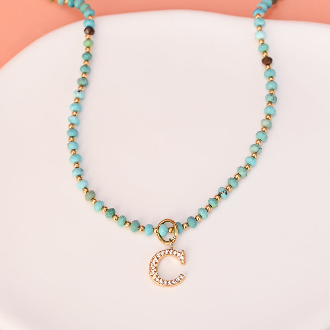 Initial Necklace C with Turquoise Beaded Chain