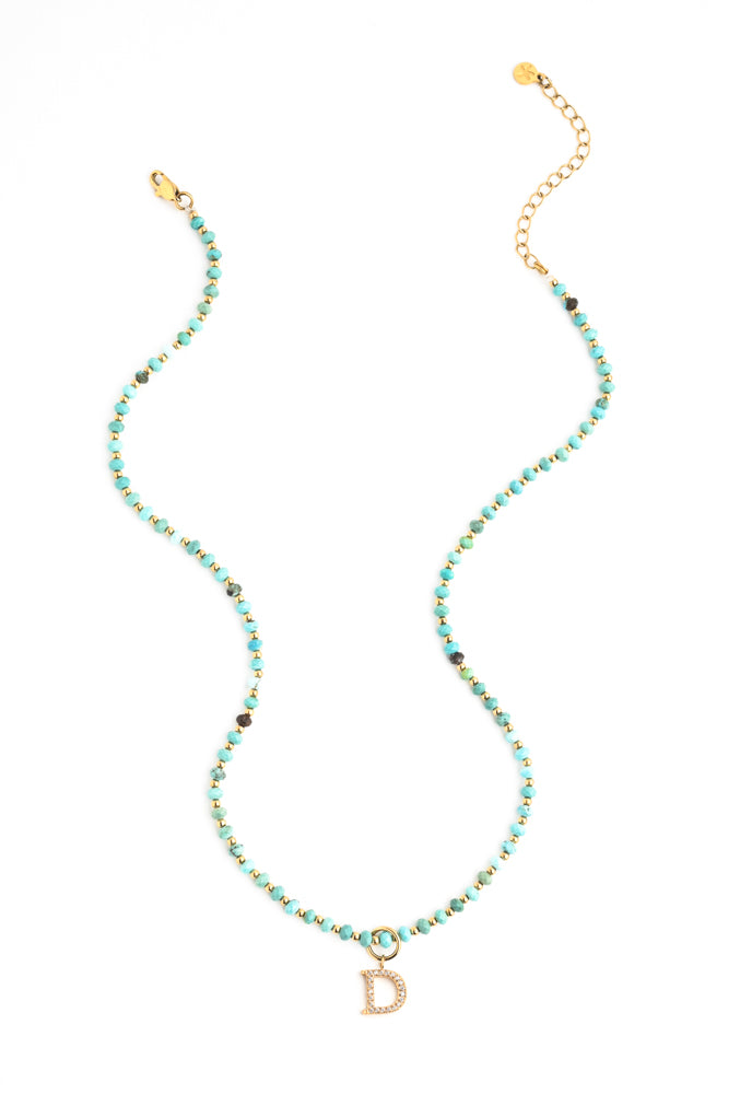 Initial Necklace D with Turquoise Beaded Chain