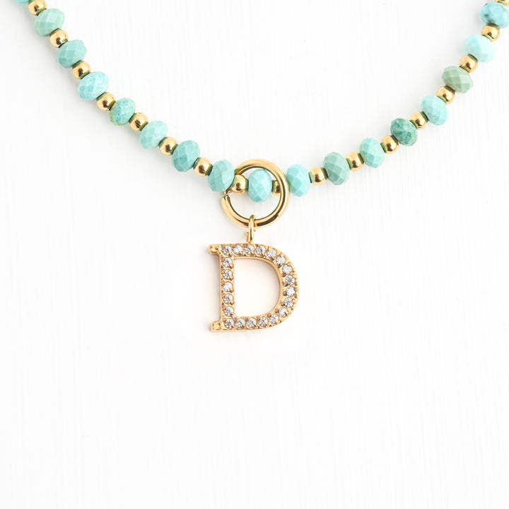 Initial Necklace D with Turquoise Beaded Chain