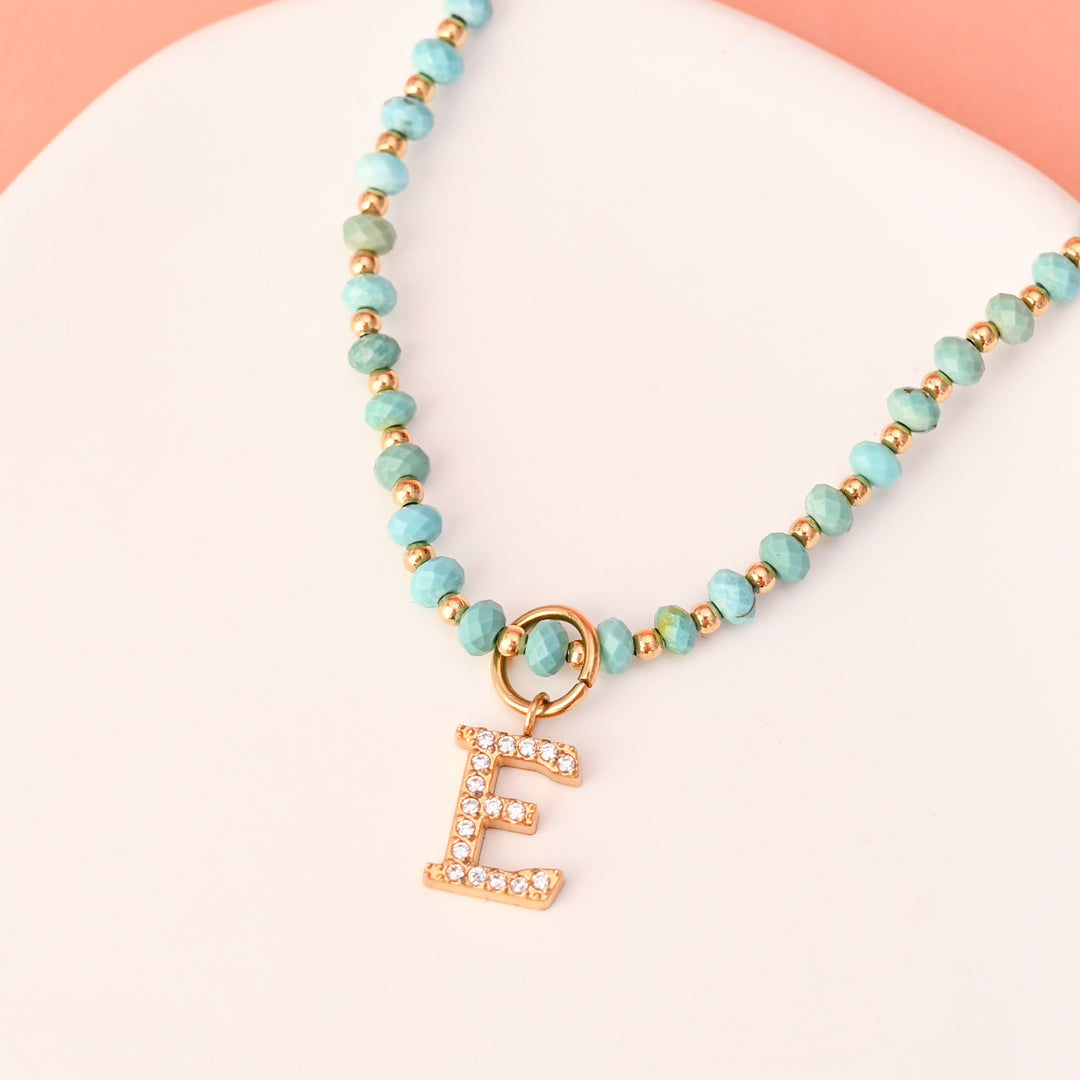 Initial Necklace E with Turquoise Beaded Chain