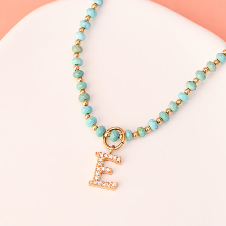 Initial Necklace E with Turquoise Beaded Chain