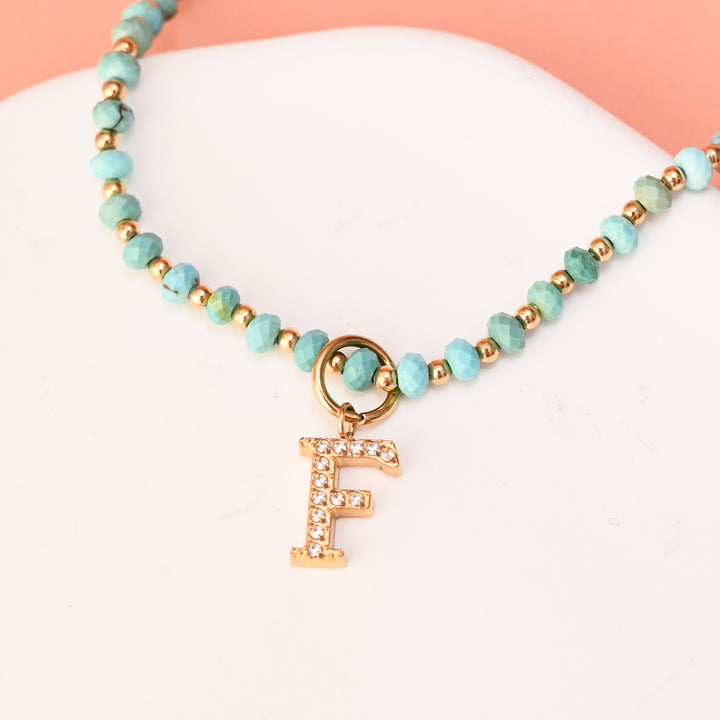 Initial Necklace F with Turquoise Beaded Chain