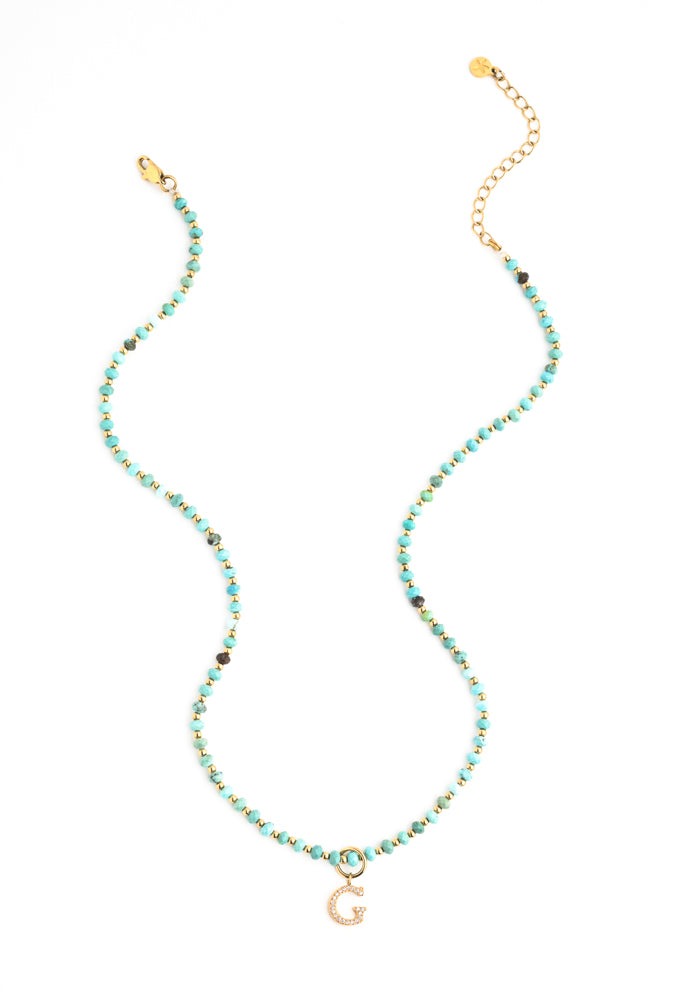 Initial Necklace G with Turquoise Beaded Chain