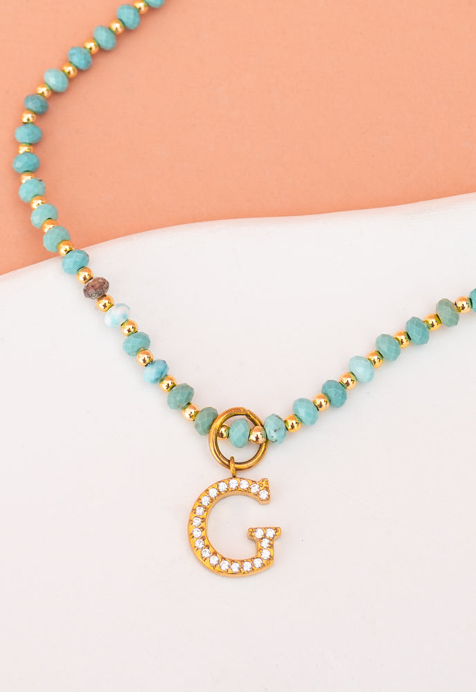 Initial Necklace G with Turquoise Beaded Chain