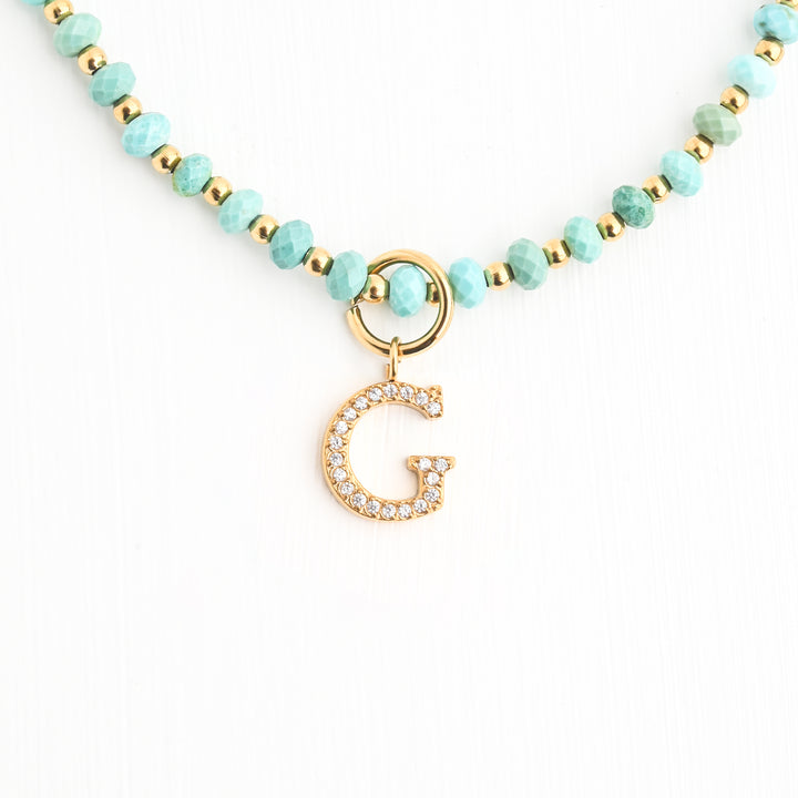 Initial Necklace G with Turquoise Beaded Chain