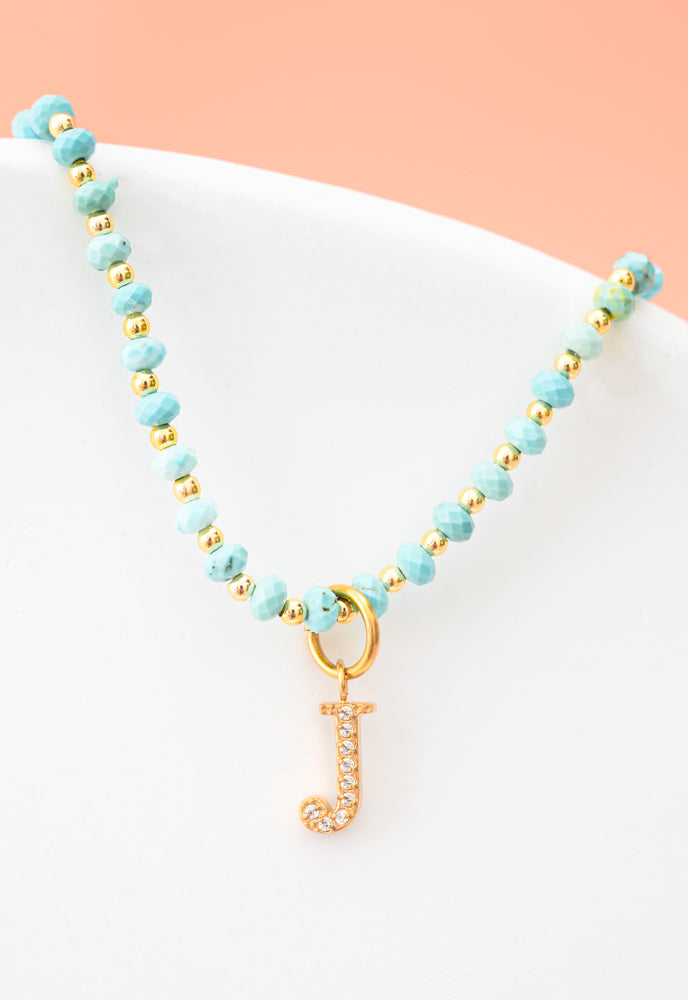 Initial Necklace J with Turquoise Beaded Chain