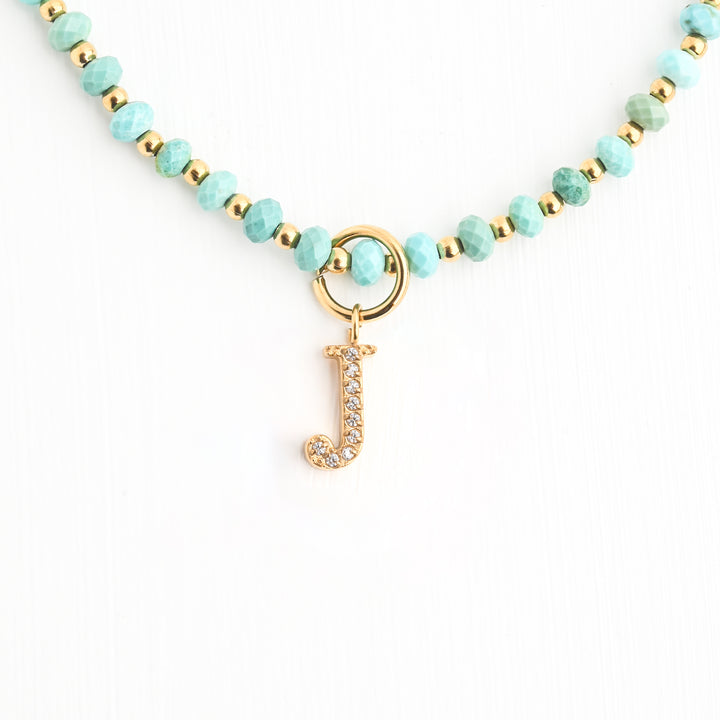 Initial Necklace J with Turquoise Beaded Chain