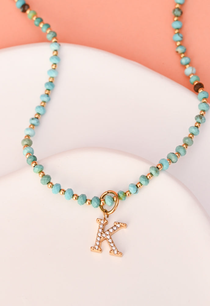 Initial Necklace K with Turquoise Beaded Chain