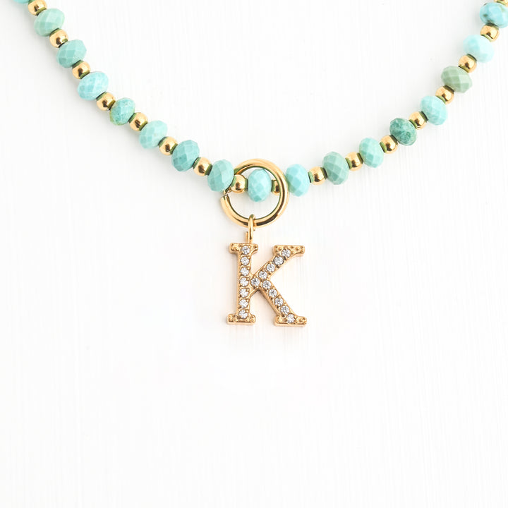 Initial Necklace K with Turquoise Beaded Chain