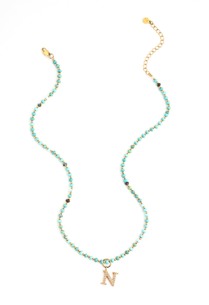 Initial Necklace N with Turquoise Beaded Chain