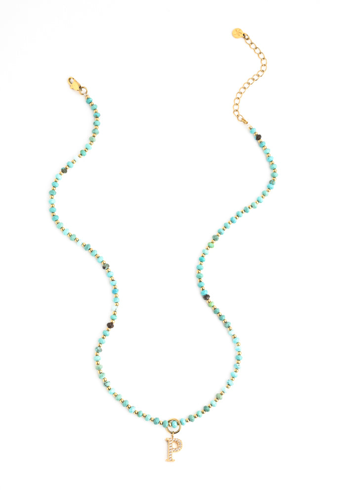 Initial Necklace P with Turquoise Beaded Chain