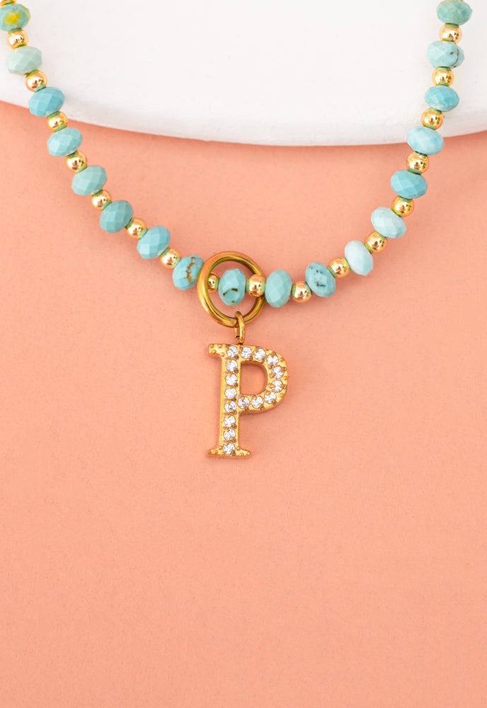 Initial Necklace P with Turquoise Beaded Chain