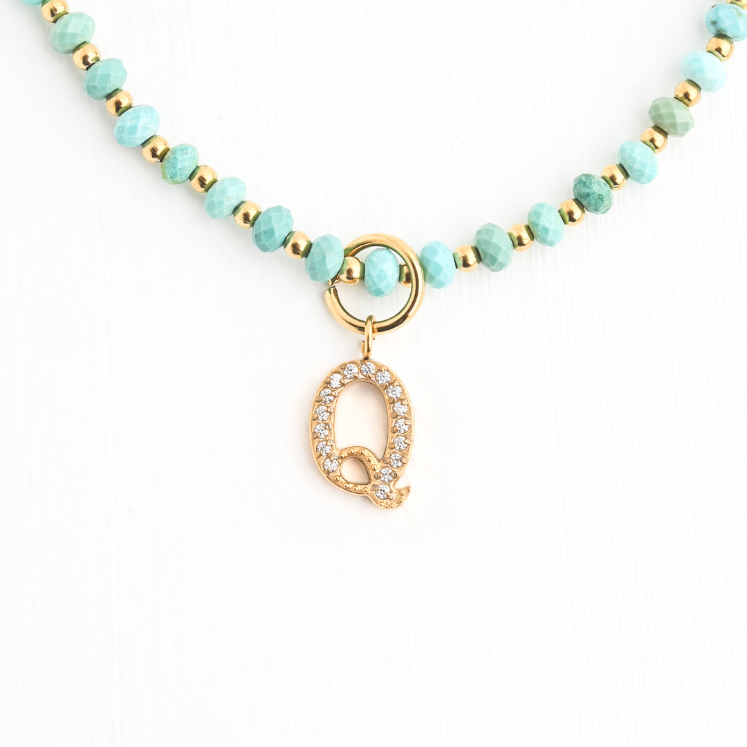 Initial Necklace Q with Turquoise Beaded Chain