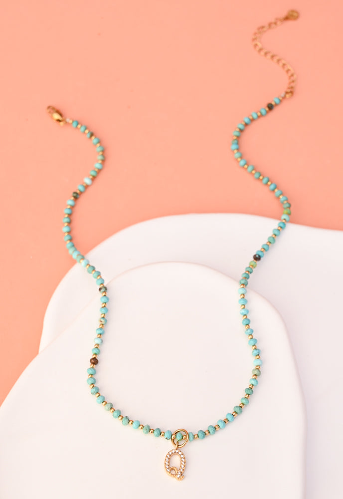 Initial Necklace Q with Turquoise Beaded Chain