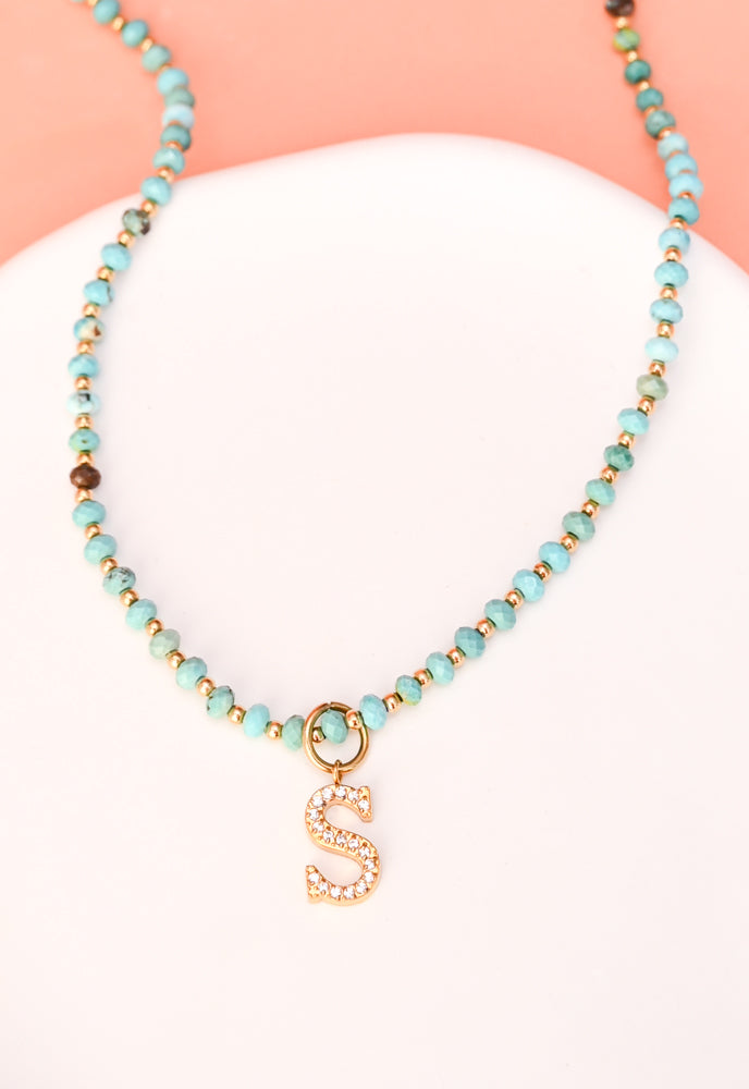 Initial Necklace S with Turquoise Beaded Chain