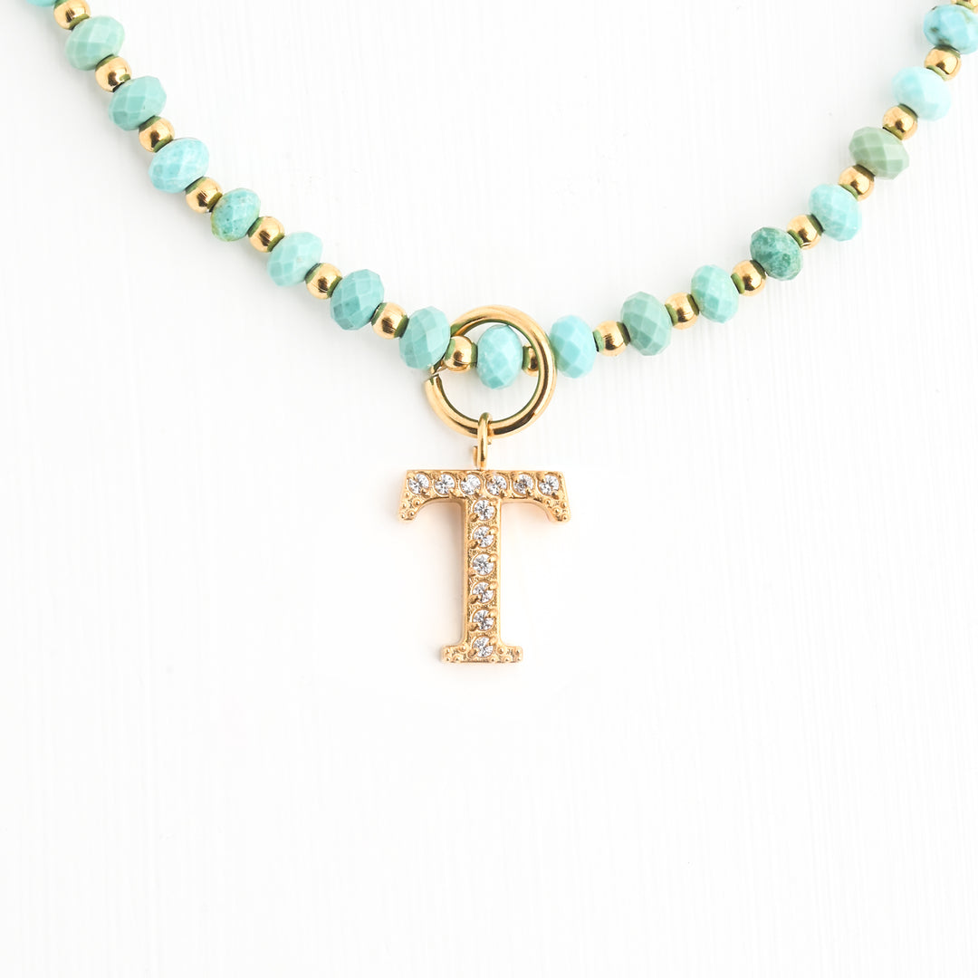 Initial Necklace T with Turquoise Beaded Chain