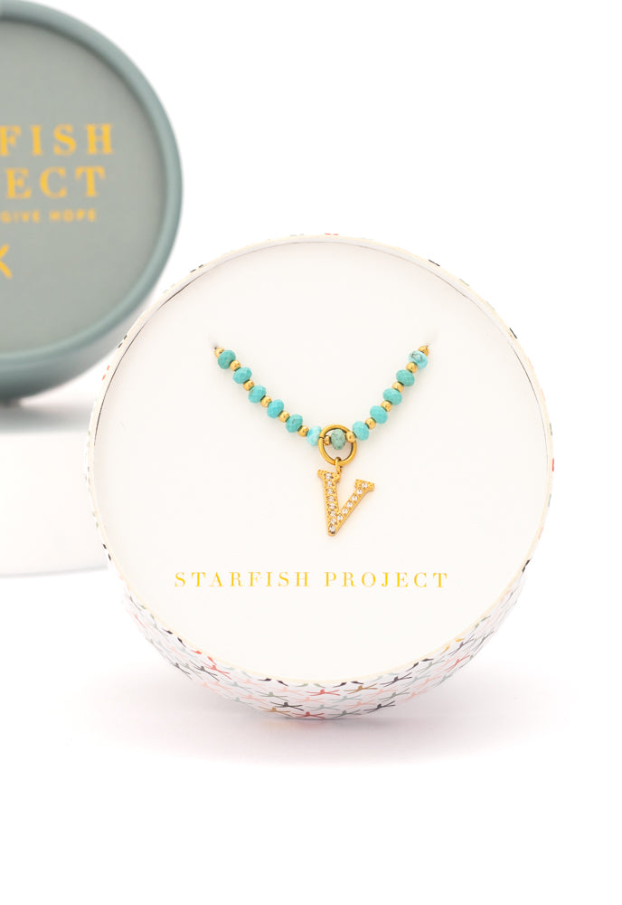 Initial Necklace V with Turquoise Beaded Chain