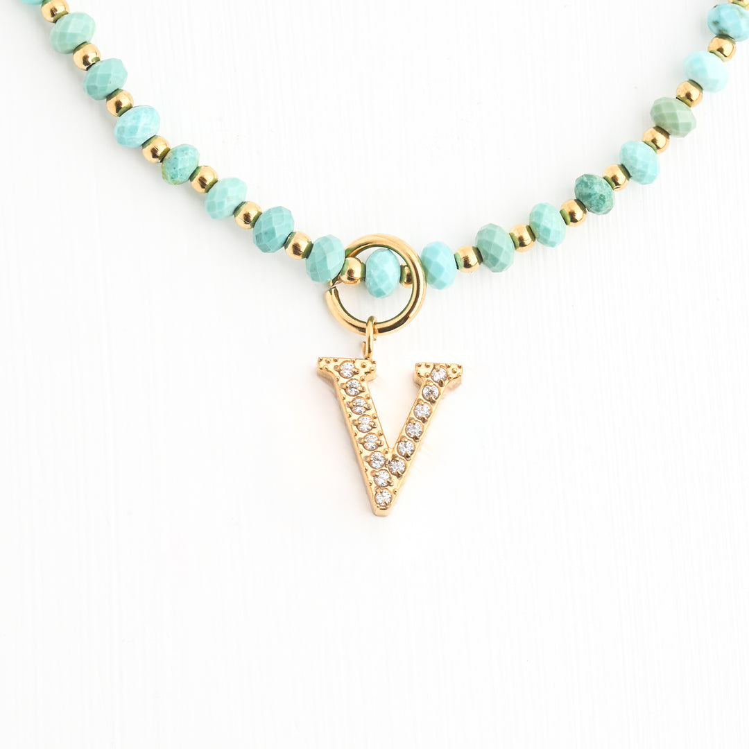 Initial Necklace V with Turquoise Beaded Chain