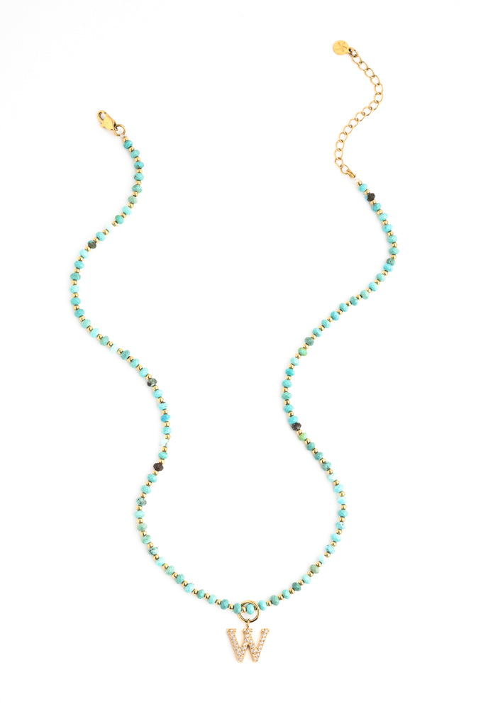 Initial Necklace W with Turquoise Beaded Chain