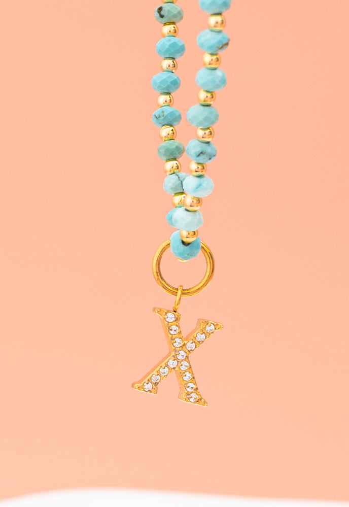 Initial Necklace X with Turquoise Beaded Chain