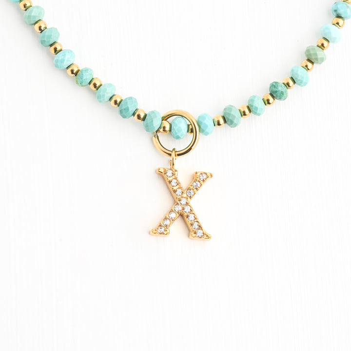 Initial Necklace X with Turquoise Beaded Chain