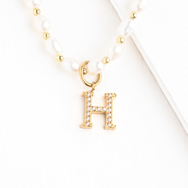 Initial Necklace H with Freshwater Pearl Beaded Chain