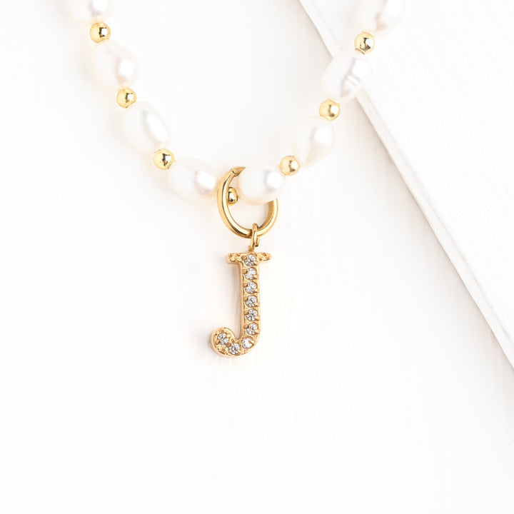 Initial Necklace J with Freshwater Pearl Beaded Chain