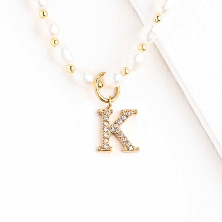 Initial Necklace K with Freshwater Pearl Beaded Chain