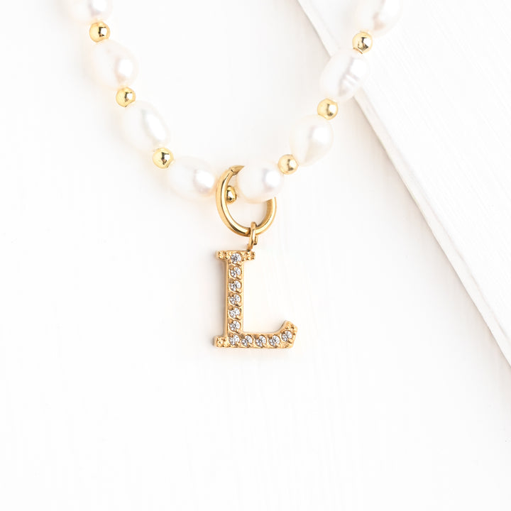 Initial Necklace L with Freshwater Pearl Beaded Chain