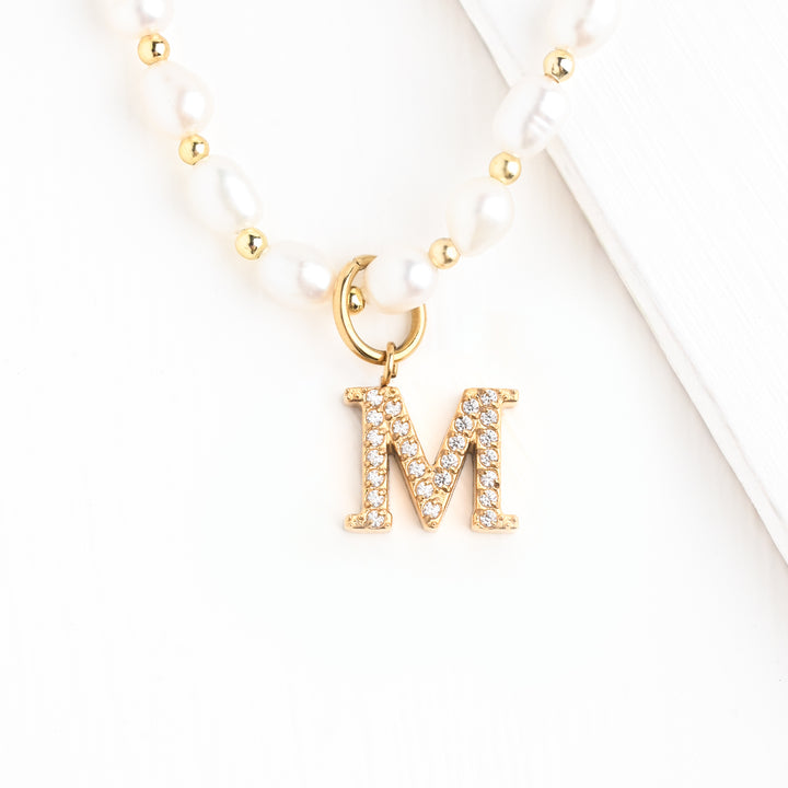 Initial Necklace M with Freshwater Pearl Beaded Chain