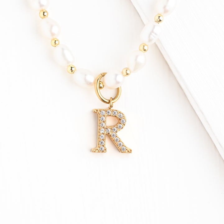 Initial Necklace R with Freshwater Pearl Beaded Chain