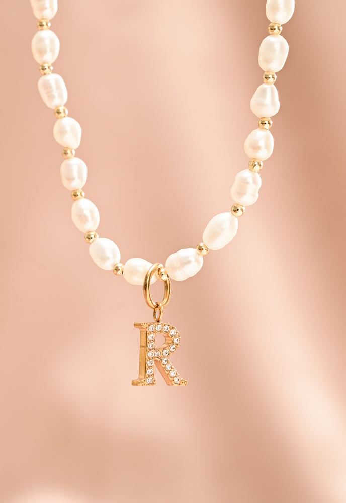 Initial Necklace R with Freshwater Pearl Beaded Chain