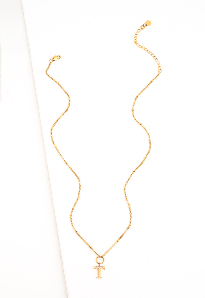 Initial Necklace T with Gold Chain