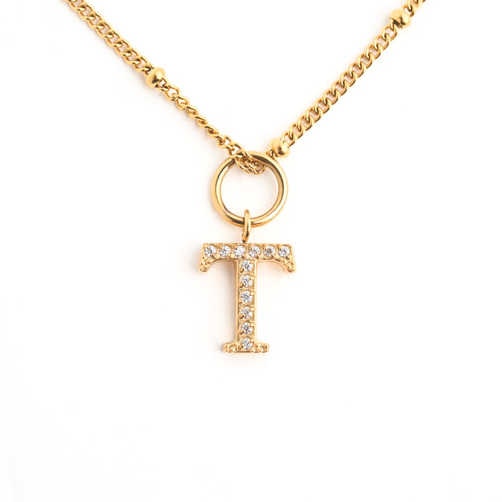 Initial Necklace T with Gold Chain