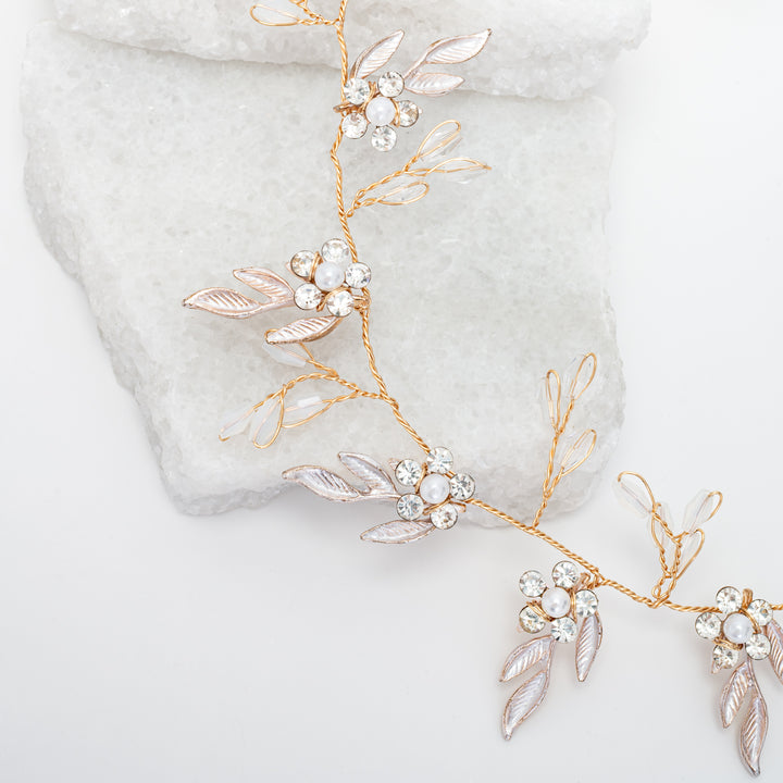 Petite Floral Crystal and Pearl Silk Ribbon Headband